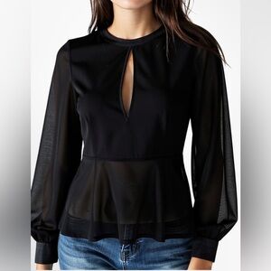 C/MEO Collective Black Sheer Sleeve Peplum Keyhole Blouse L Dressy Going Out Top